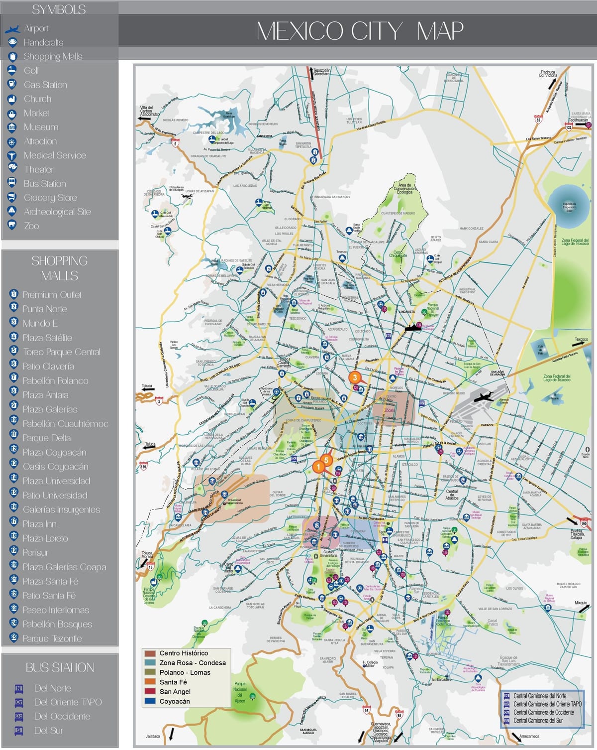 mapa Mexico City turistických atrakcí